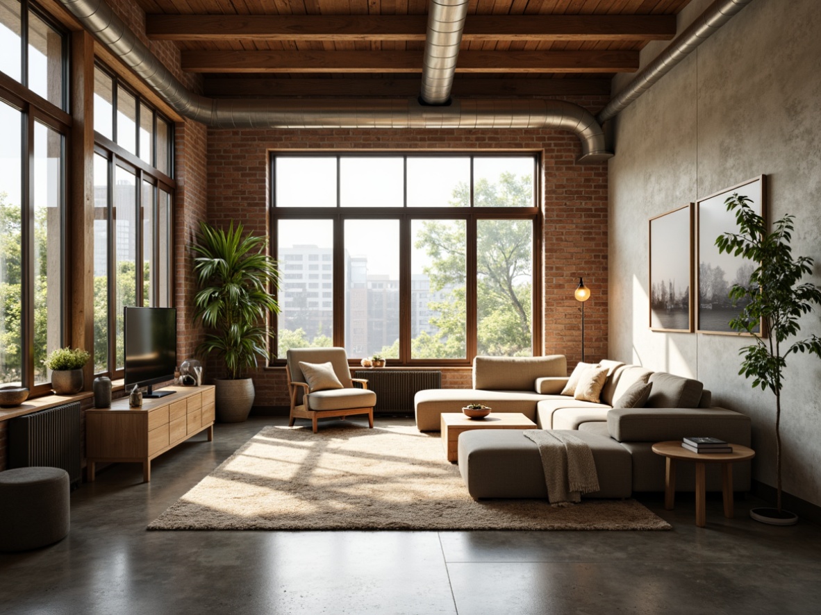 Prompt: Modern living room, eco-friendly furniture, recycled wood accents, natural fiber rugs, organic textiles, energy-efficient lighting, floor-to-ceiling windows, minimalist decor, industrial-chic exposed ductwork, concrete floors, urban loft atmosphere, soft warm lighting, shallow depth of field, 1/1 composition, realistic textures, ambient occlusion.