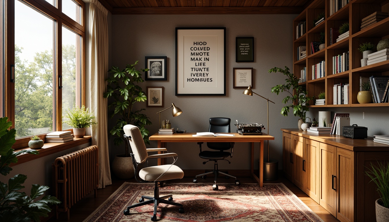 Prompt: Cozy home office, wooden desk, comfortable ergonomic chair, plenty of natural light, floor-to-ceiling bookshelves, vintage typewriter, inspirational quotes, framed academic certificates, soft warm lighting, shallow depth of field, 3/4 composition, earthy color palette, traditional rug, leather-bound books, greenery plants, calm atmosphere, realistic textures, ambient occlusion.