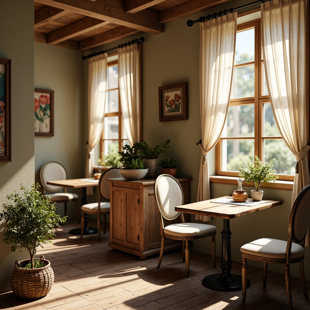 Prompt: Rustic wooden tables, distressed finishes, vintage metal chairs, soft cushioning, linen fabrics, lace curtains, floral patterns, pastel colors, warm beige tones, natural textiles, woven baskets, ceramic vases, potted greenery, morning sunlight, warm golden lighting, shallow depth of field, 1/1 composition, intimate atmosphere, realistic textures, ambient occlusion.