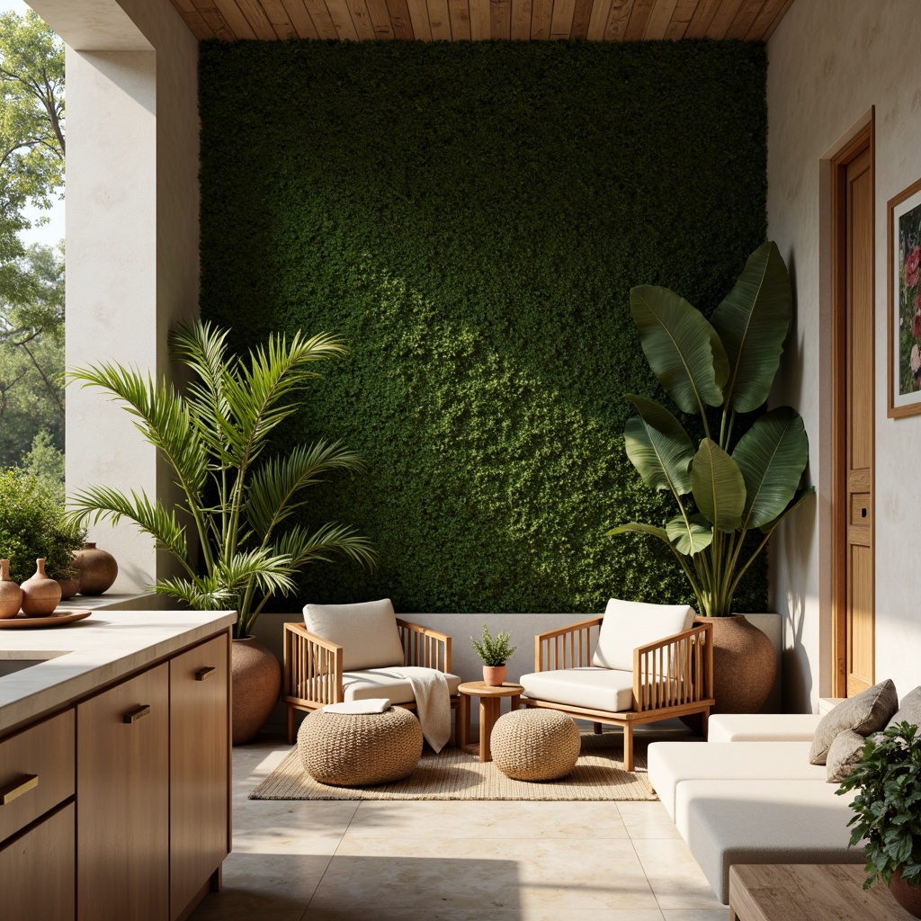 Prompt: Moss green accent walls, natural stone floors, earthy terracotta pots, lush foliage plants, wooden furniture, woven rattan textiles, soft beige upholstery, creamy white marble countertops, subtle gold hardware, warm ambient lighting, shallow depth of field, 1/1 composition, realistic textures, atmospheric rendering.