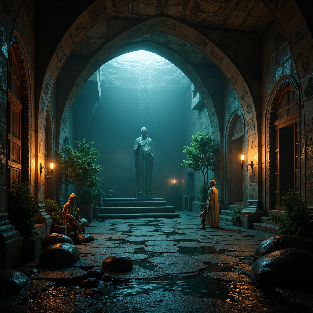 Prompt: \Mysterious underwater atmosphere, dark stone walls, vaulted ceilings, pointed arches, ribbed groin vaults, ornate carvings, mystical symbols, eerie lighting, misty fog effects, rippling water reflections, Gothic-inspired statues, mysterious ancient artifacts, aged copper pipes, worn stone flooring, dramatic shadows, warm golden lighting, cinematic composition, high contrast ratio, realistic water simulations.\