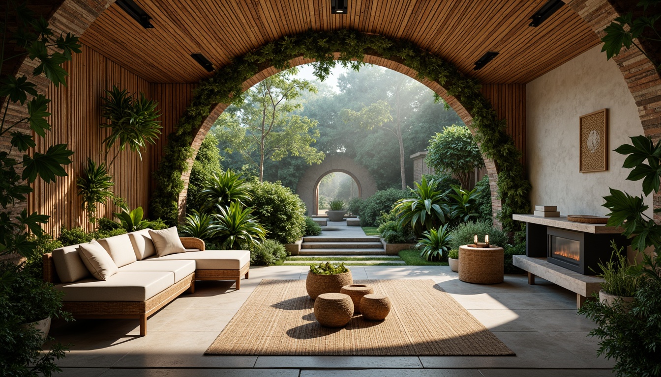 Prompt: Organic curves, reclaimed wood accents, living walls, lush greenery, natural stone flooring, earthy color palette, botanical patterns, woven textiles, rattan furniture, ambient lighting, misty atmosphere, serene ambiance, soft focus, shallow depth of field, 1/1 composition, panoramic view.