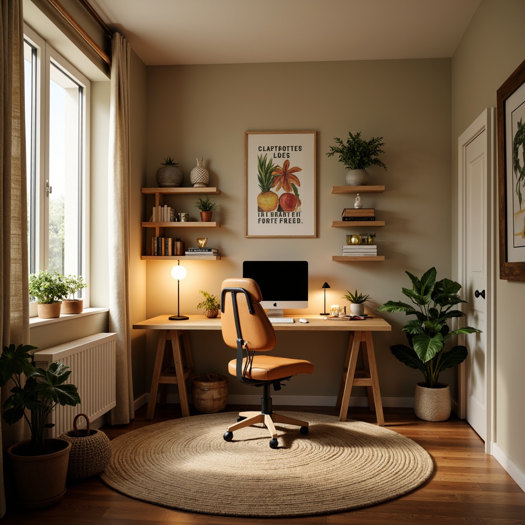 Prompt: Cozy home office, warm wooden desk, comfortable ergonomic chair, natural fiber rug, softbox lights, table lamps, floor lamps, indirect lighting, ambient glow, calming color scheme, earthy tones, greenery, potted plants, minimal decor, functional shelving, organized workspace, creative freedom, inspiring quotes, artistic prints, calm atmosphere, warm beige walls, soft cream curtains, gentle afternoon light, shallow depth of field, 1/2 composition, realistic textures, ambient occlusion.