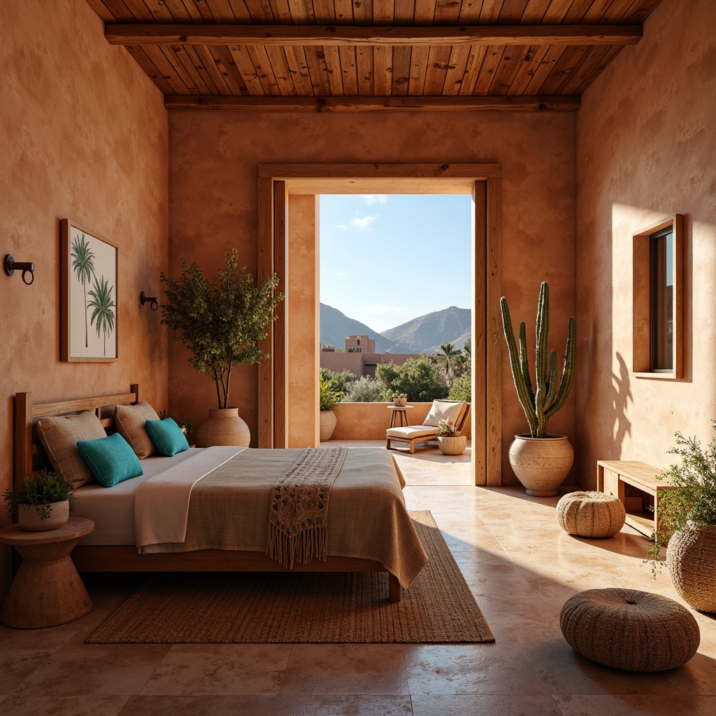 Prompt: Earthy southwestern bedroom, warm terracotta walls, natural stone flooring, rustic wooden furniture, vibrant turquoise accents, sandy beige bedding, woven textiles, geometric patterns, soft warm lighting, cozy atmosphere, adobe-inspired architecture, desert landscape views, cacti plants, clear blue sky, sunny day, shallow depth of field, 3/4 composition, realistic textures, ambient occlusion.