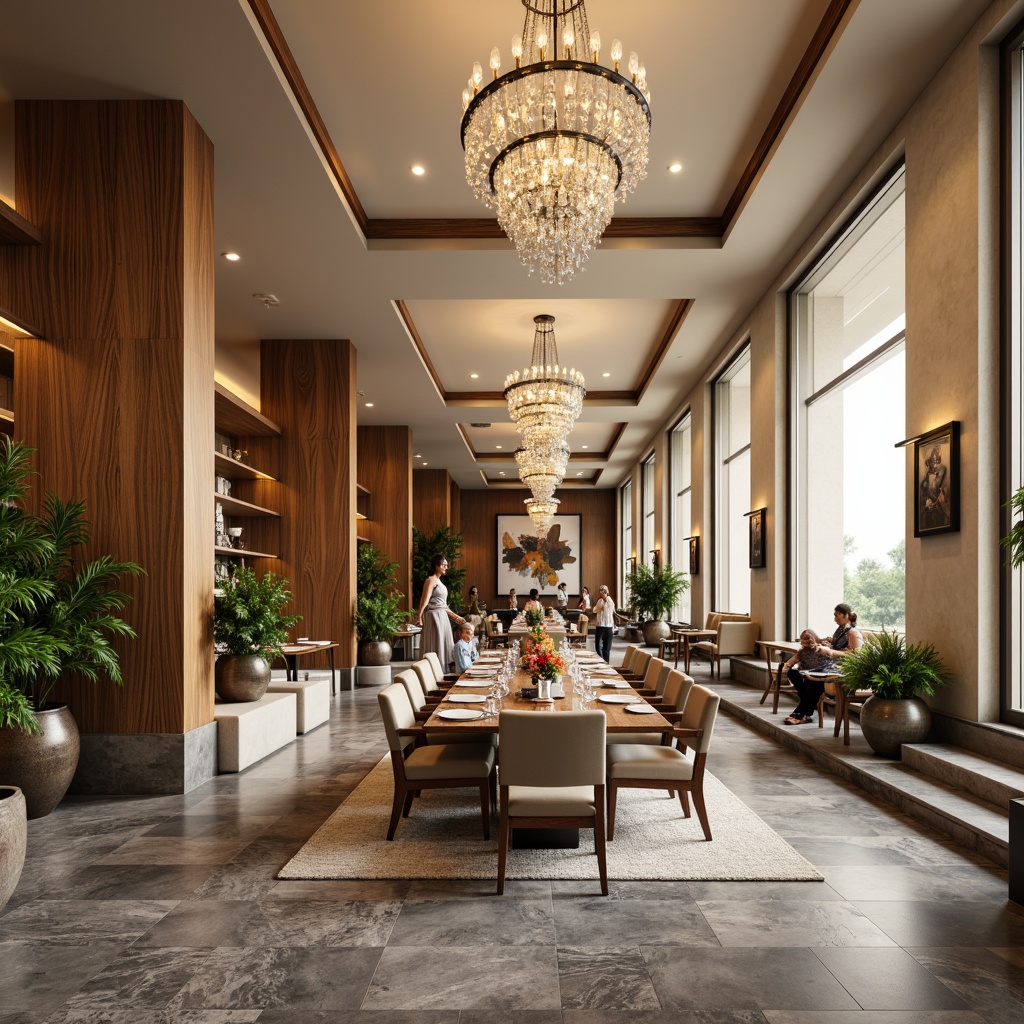 Prompt: Vibrant modern dining hall, neutral beige walls, rich walnut wood accents, sleek metallic chairs, elegant crystal chandeliers, sophisticated grey marble floors, lively greenery, warm golden lighting, shallow depth of field, 3/4 composition, realistic textures, ambient occlusion.