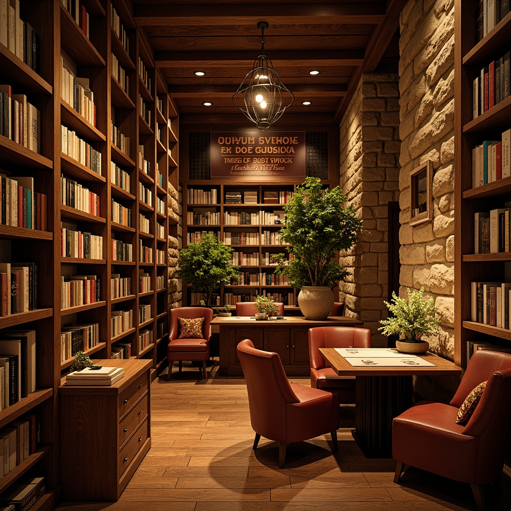 Prompt: Cozy bookstore, warm wooden shelves, vintage book collections, comfortable reading nooks, plush armchairs, soft golden lighting, rich leather bindings, earthy color tones, natural stone walls, rustic metal accents, classic literary quotes, aromatic coffee scents, inviting atmosphere, relaxed ambiance, calming background noise, shallow depth of field, 1/1 composition, warm color harmony, realistic textures, ambient occlusion.