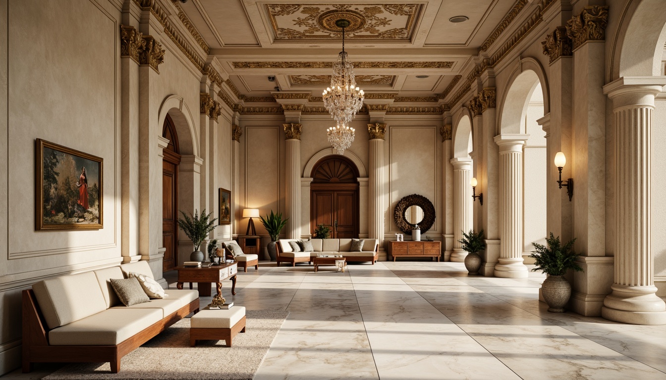 Prompt: Elegant classical architecture, ornate columns, intricately carved stone facades, subtle golden accents, warm beige stucco walls, soft cream marble floors, rich walnut wood furnishings, ornamental plaster ceilings, grand crystal chandeliers, lavish velvet drapes, muted earthy tones, sophisticated neutral shades, warm natural lighting, shallow depth of field, 1/1 composition, realistic textures, ambient occlusion.