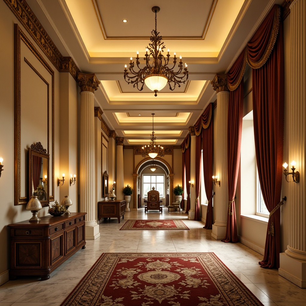 Prompt: Elegant gallery interior, classical columns, ornate moldings, grand chandeliers, warm golden lighting, softbox diffused illumination, dramatic spotlights, subtle floor lamps, luxurious velvet drapes, richly patterned rugs, antique furniture pieces, ornamental mirrors, refined marble floors, cream-colored walls, stately sculptures, serene ambiance, 1/1 composition, high-contrast ratio, warm color temperature, realistic textures, ambient occlusion.