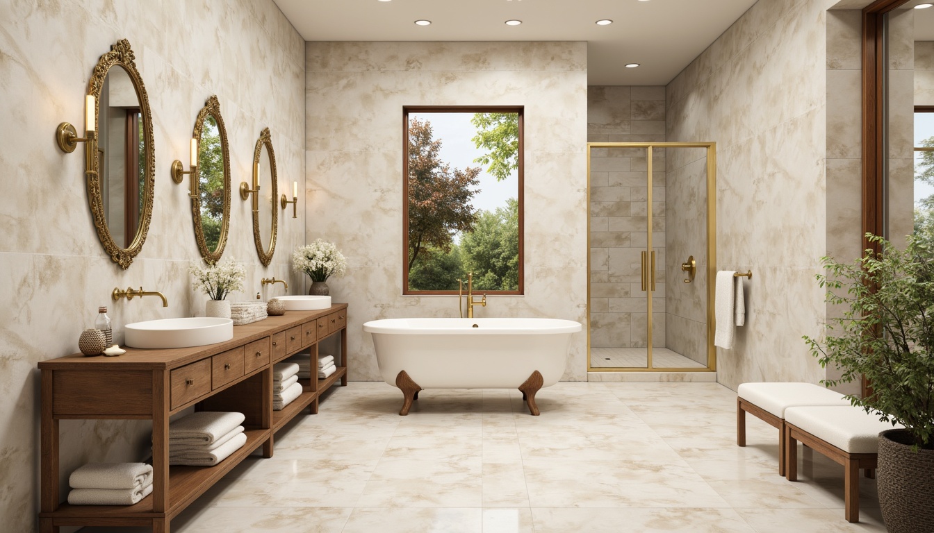 Prompt: Soft creamy whites, warm beige tones, elegant marble textures, ornate gold fixtures, subtle silver accents, calming soft blues, gentle pale greens, rich walnut wood cabinetry, ornamental mirrors, classic subway tiles, natural stone flooring, spa-like ambiance, relaxing atmosphere, warm soft lighting, 1/1 composition, shallow depth of field, realistic reflections.