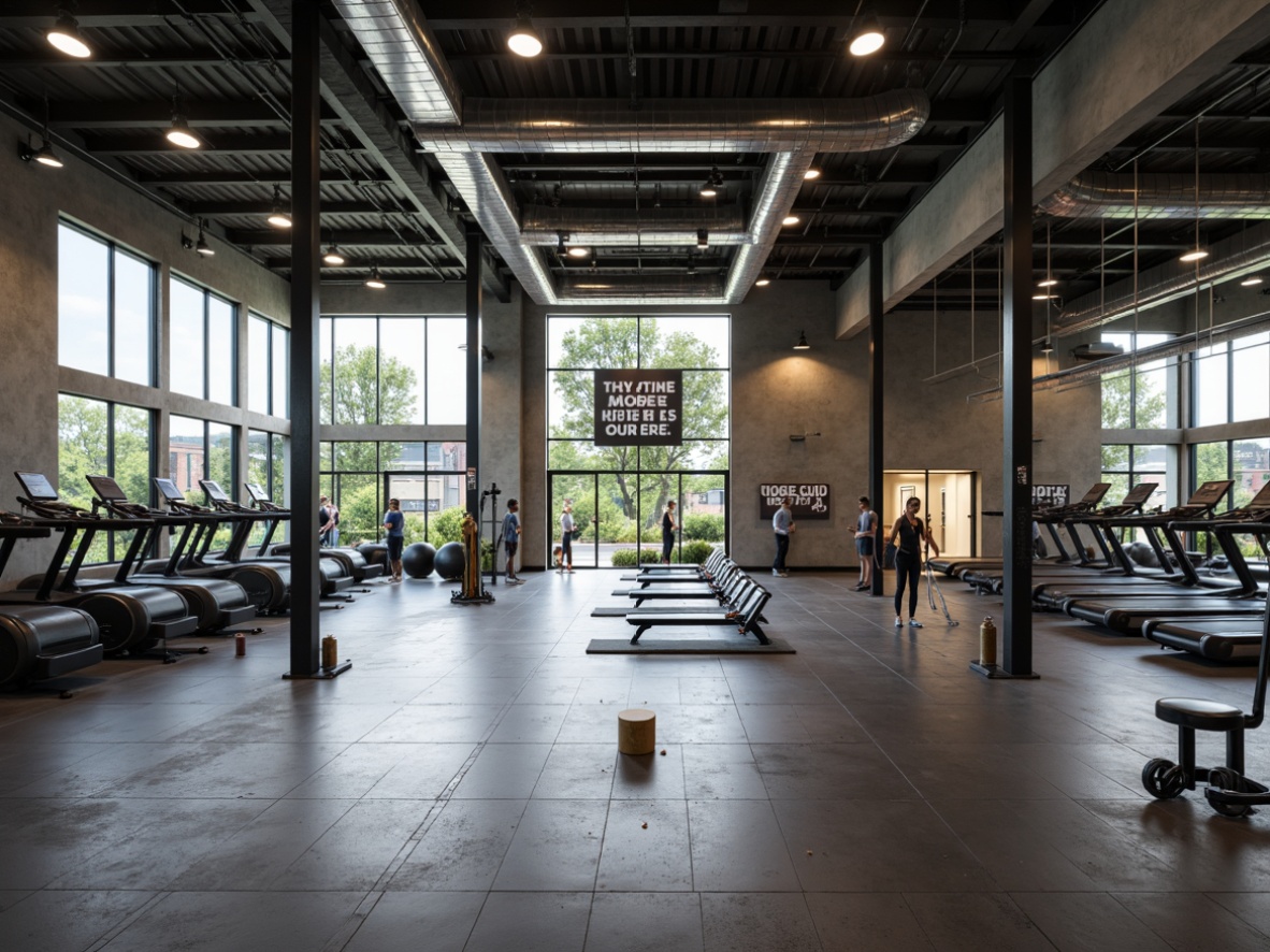 Prompt: Minimalist gym interior, industrial-style flooring, exposed ductwork, steel beams, concrete walls, modern LED lighting, mirrored surfaces, sleek metal equipment, free weights area, treadmills zone, yoga mats space, functional layout, open-plan design, high ceilings, natural ventilation, abundant daylight, motivational quotes, athletic-inspired color scheme, bold typography, geometric patterns, modern architecture, realistic textures, ambient occlusion, shallow depth of field, 3/4 composition, panoramic view.