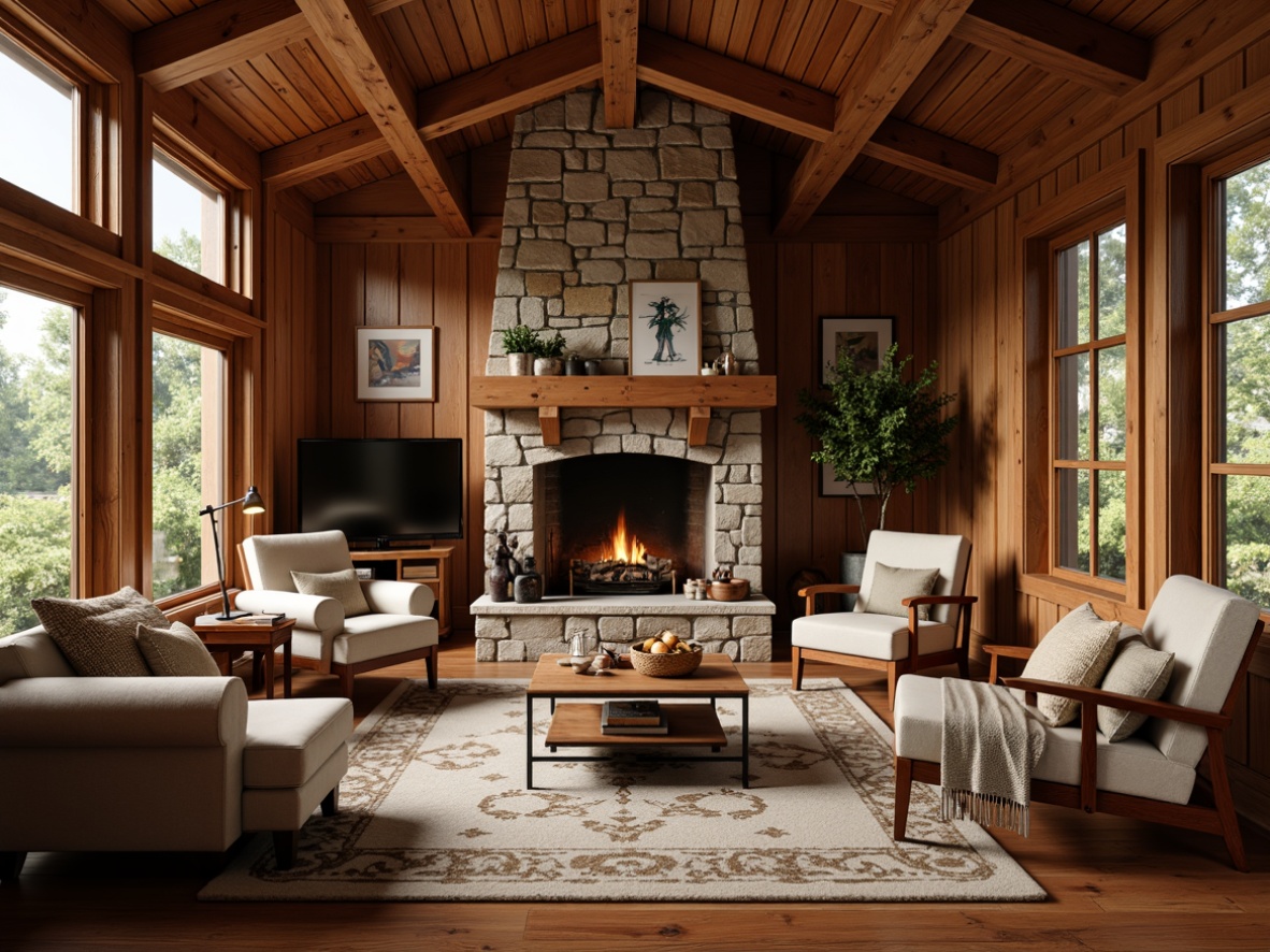 Prompt: Cozy craftsman interior, warm wood accents, rich walnut furniture, rustic oak flooring, natural stone fireplace, earthy color palette, vintage decorative items, plush throw blankets, comfortable reading nook, soft warm lighting, shallow depth of field, 3/4 composition, realistic textures, ambient occlusion, inviting atmosphere, traditional craftsmanship, ornate wooden trim, wooden ceiling beams, nature-inspired patterns.