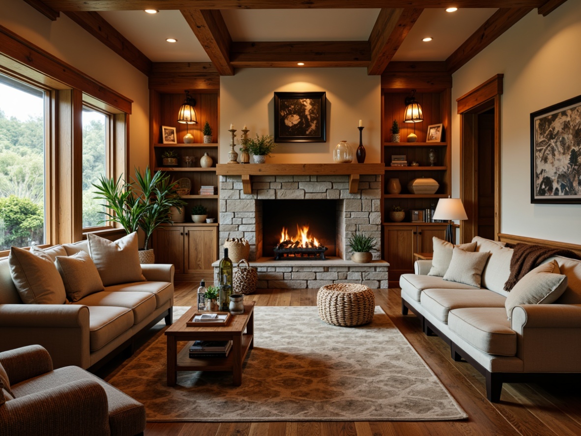 Prompt: Cozy living room, rustic wooden accents, natural wood textures, earthy tones, warm beige walls, Craftsman-style furniture, comfortable plush sofas, wooden coffee tables, lantern-inspired lighting, woven baskets, natural fiber rugs, stone fireplaces, rich brown wood trim, ornate wooden decorations, soft warm lighting, intimate ambiance, shallow depth of field, 1/1 composition, realistic textures, ambient occlusion.