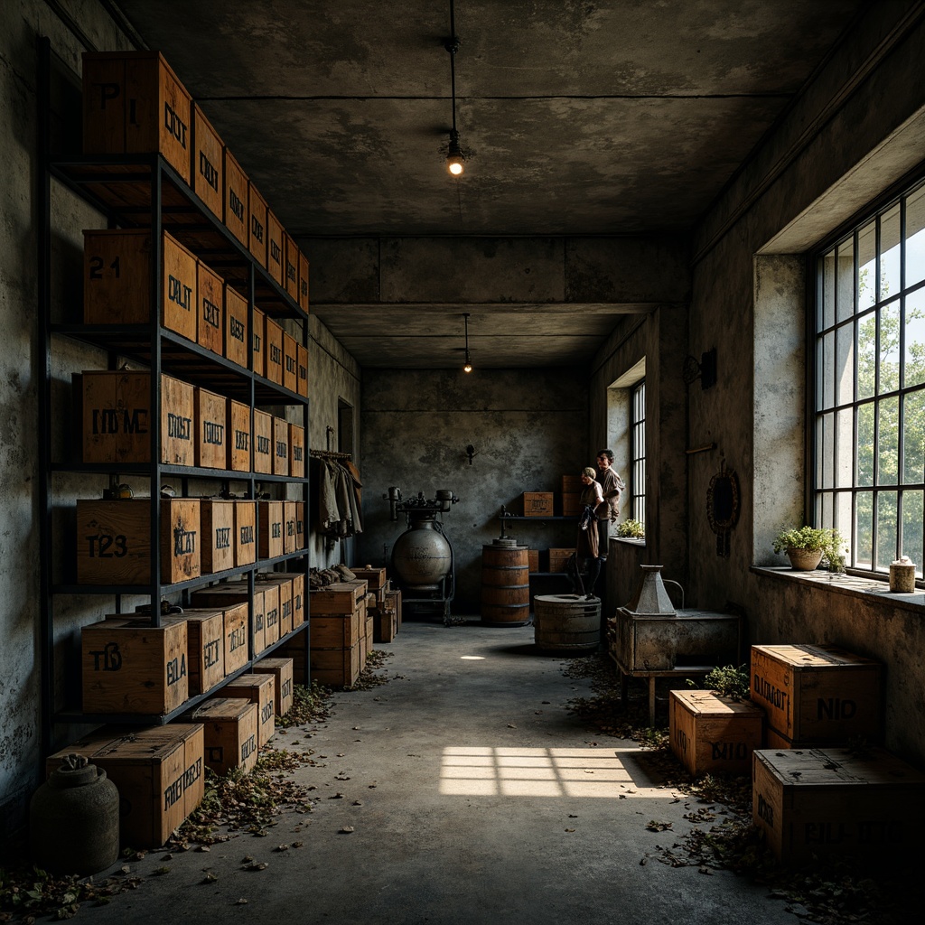 Prompt: Moody storage room, distressed wooden crates, rusty metal shelves, worn concrete floors, dimly lit atmosphere, eerie shadows, muted earth tones, faded industrial colors, weathered textures, peeling paint, vintage machinery, old factory ambiance, dramatic high contrast lighting, 1/1 composition, cinematic framing, rich vibrant colors, bold brushstrokes, expressionist art influence.