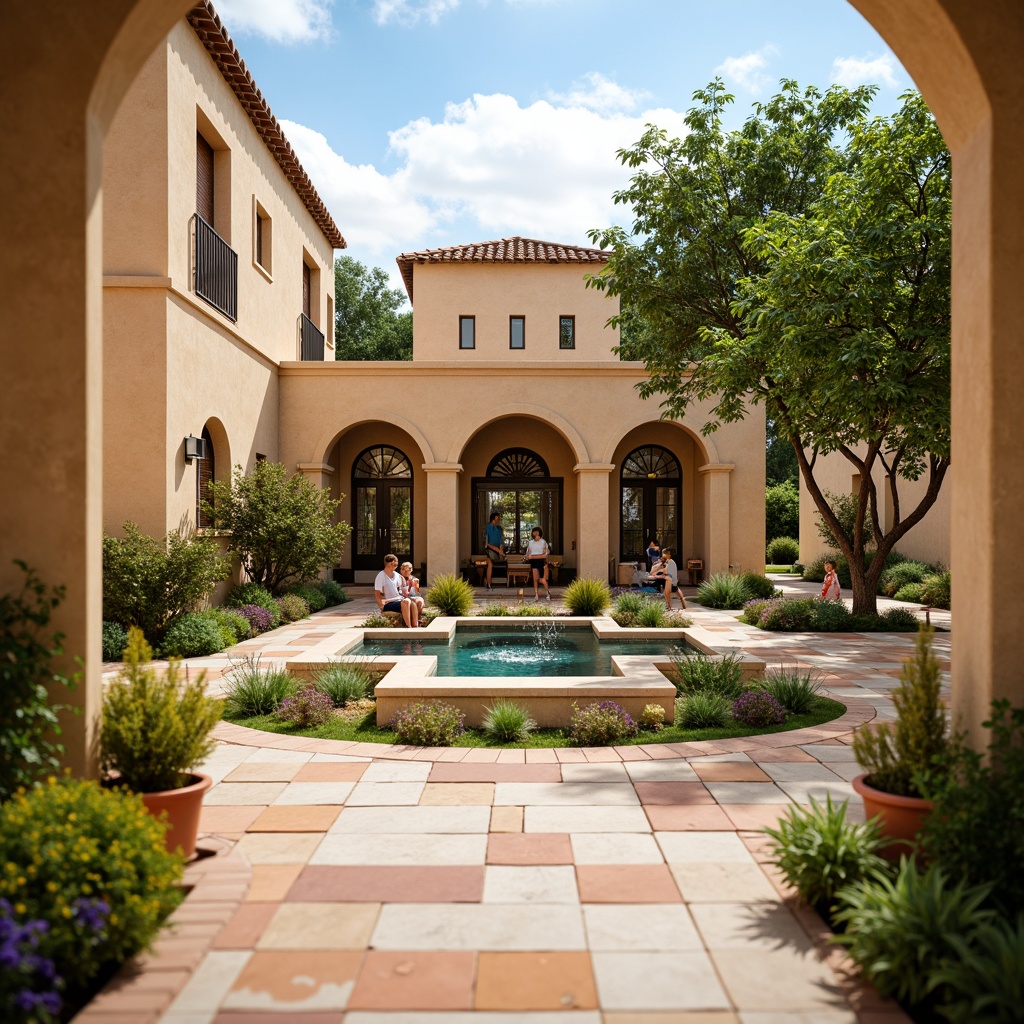 Prompt: Vibrant play area, Mediterranean-style architecture, warm beige stucco walls, terracotta rooftops, ornate wrought iron gates, lush greenery, blooming flowers, olive trees, colorful ceramic tiles, decorative fountains, playful water features, sunny day, soft warm lighting, shallow depth of field, 3/4 composition, panoramic view, realistic textures, ambient occlusion.