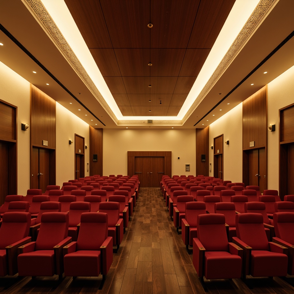 Prompt: Elegant auditorium interior, rich wood tones, warm beige walls, plush crimson red seats, polished brass accents, soft golden lighting, subtle gradient ceiling, sophisticated dark wood flooring, acoustic sound panels, minimal ornamentation, refined modern architecture, calm atmosphere, serene ambiance, 1/2 composition, gentle warm color tone, realistic textures, ambient occlusion.