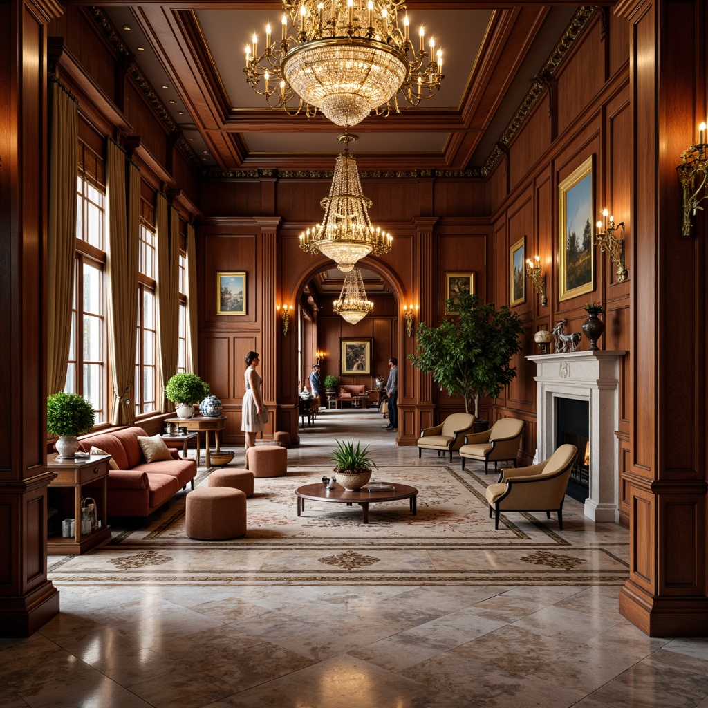 Prompt: Grand luxurious mansion, high ceilings, ornate chandeliers, polished marble floors, intricate inlays, classic wooden paneling, rich velvet furnishings, lavish curtains, stately fireplaces, elegant archways, sophisticated moldings, soft warm lighting, shallow depth of field, 3/4 composition, panoramic view, realistic textures, ambient occlusion.