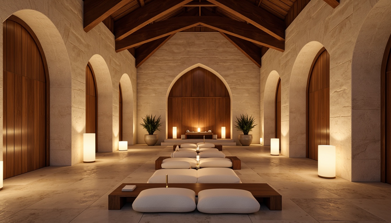 Prompt: Soft warm glow, candlelit ambiance, dimmed floor lamps, minimalist pendant lights, natural stone walls, wooden accents, vaulted ceilings, grand arches, serene atmosphere, peaceful ambiance, subtle shading, gentle highlights, warm beige tones, soft cream hues, elegant simplicity, modern monastic design, sleek lines, understated luxury, calming aura, spiritual essence, atmospheric lighting, 1/1 composition, shallow depth of field, realistic textures.