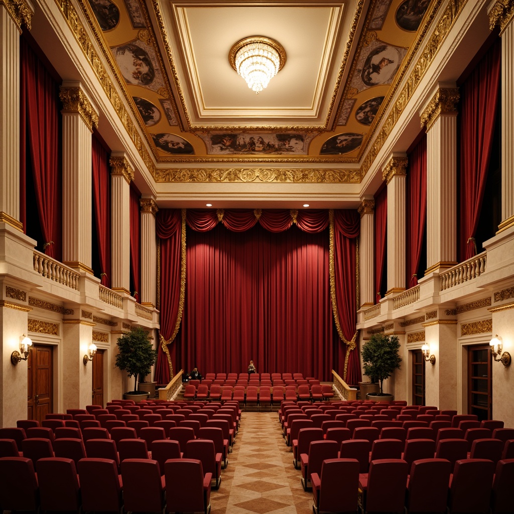 Prompt: \Elegant theater interior, neoclassical architecture style, rich velvet curtains, golden ornate frames, cream marble columns, soft warm lighting, majestic chandeliers, plush red seats, intricate carvings, Baroque-inspired details, lavish drapery, ornamental moldings, subtle fresco patterns, warm beige walls, polished wooden floors, grandiose staircases, 1/1 composition, dramatic spotlights, cinematic atmosphere, realistic textures, ambient occlusion.\