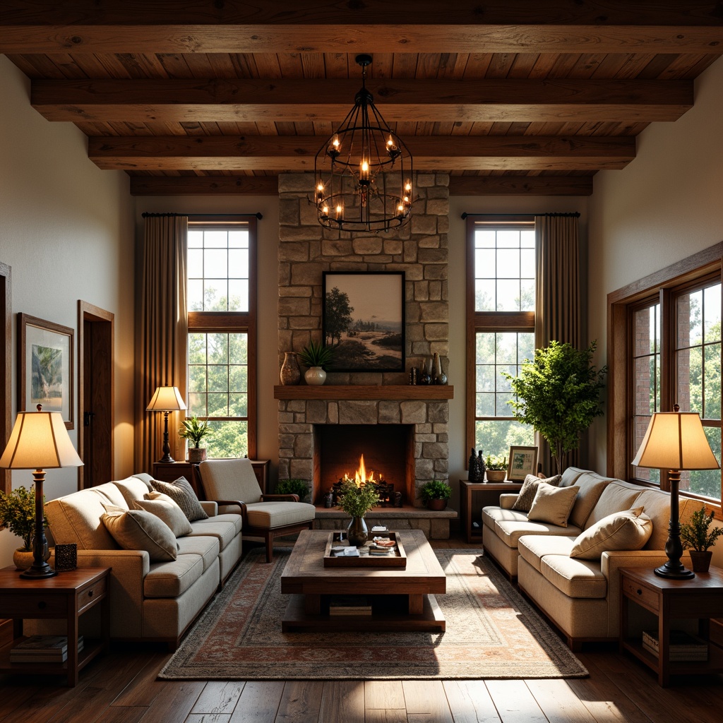 Prompt: Cozy living room, warm glow, soft illumination, table lamps, floor lamps, pendant lights, chandeliers, rustic wooden furniture, plush throw blankets, natural stone fireplace, rich wood tones, earthy color palette, dramatic ceiling height, large windows, gentle morning light, warm afternoon sunbeams, relaxing evening ambiance, layered lighting, task lighting, accent lighting, softbox lighting, 1/1 composition, shallow depth of field, realistic textures, ambient occlusion.