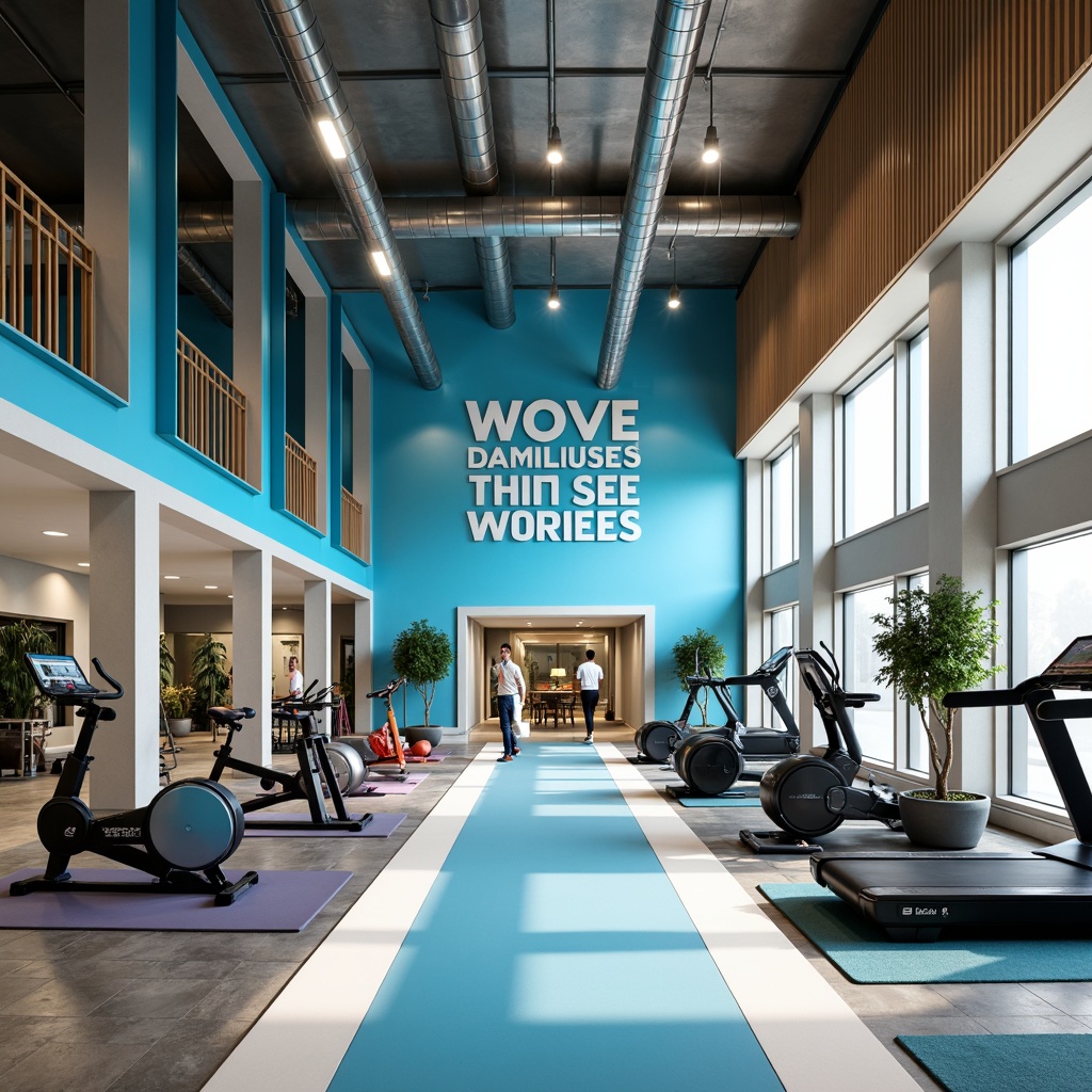 Prompt: Vibrant fitness club, light blue accent walls, motivational quotes, modern equipment, free weights, treadmills, exercise bikes, yoga mats, mirrored floors, high ceilings, sleek metal beams, natural wood accents, calming atmosphere, soft warm lighting, shallow depth of field, 1/1 composition, realistic textures, ambient occlusion, futuristic architecture, spacious open areas, minimalist design.