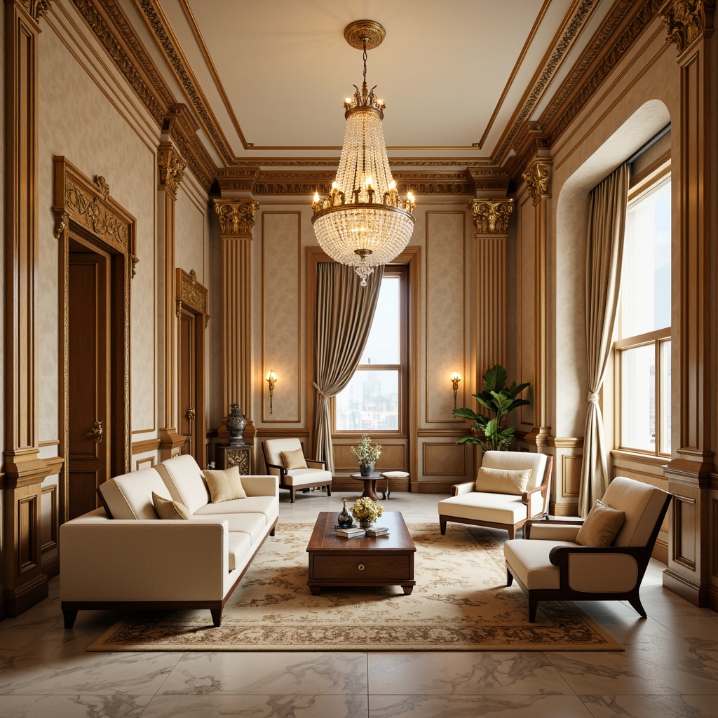 Prompt: Elegant family room, neoclassical style, warm beige walls, rich wood furniture, ornate gold accents, soft cream upholstery, lavish velvet drapes, intricate moldings, classic columns, sophisticated marble flooring, luxurious crystal chandeliers, warm golden lighting, shallow depth of field, 1/1 composition, realistic textures, ambient occlusion.