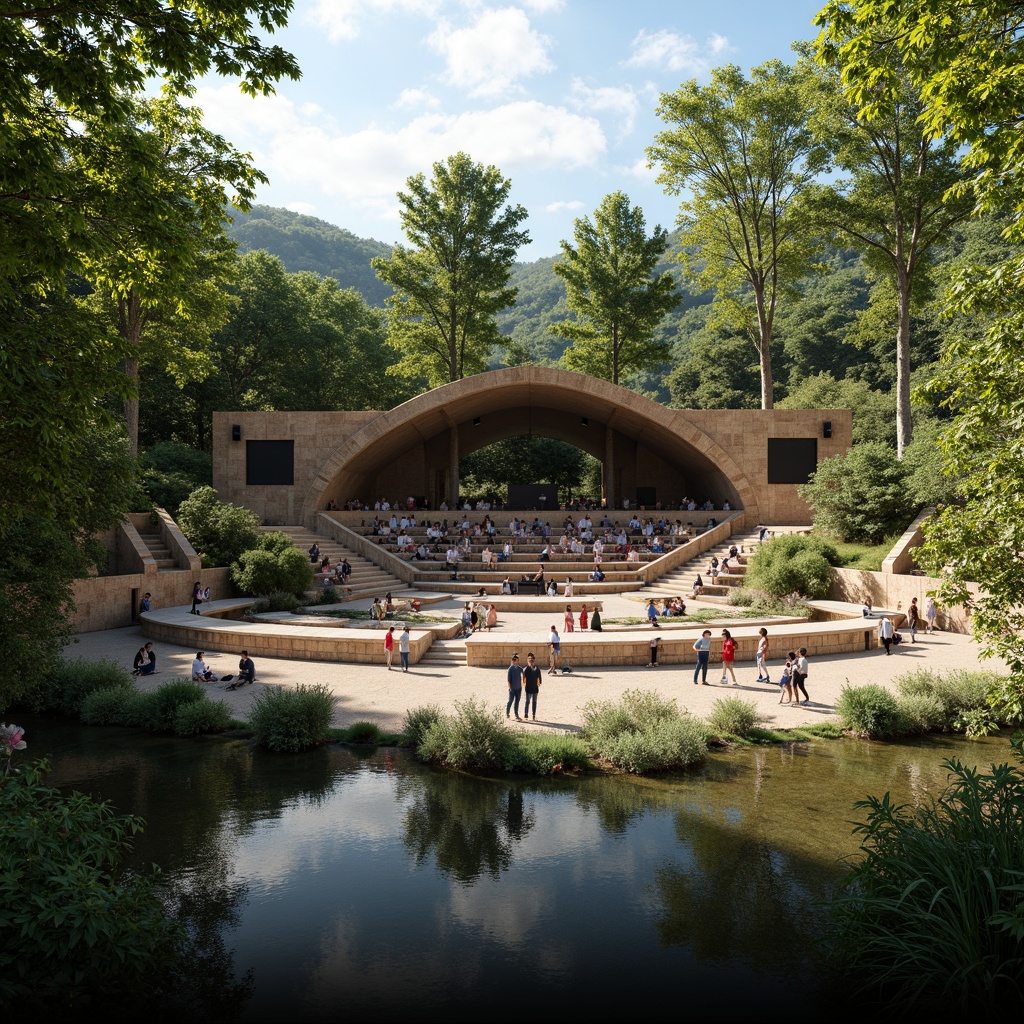 Prompt: Natural amphitheater setting, lush green surroundings, tiered seating, audience area, performance stage, soundproofing materials, acoustic panels, reflective surfaces, diffused lighting, warm afternoon sun, soft gentle breeze, 3/4 composition, shallow depth of field, realistic textures, ambient occlusion.