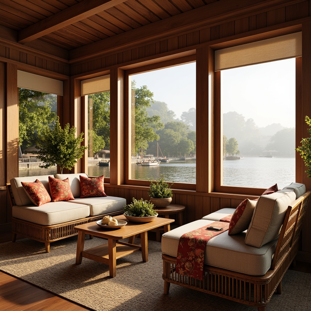 Prompt: Cozy boathouse interior, traditional Asian-inspired decor, wooden accents, natural textiles, woven rattan furniture, plush cushions, vibrant silk fabrics, intricate embroidery patterns, warm beige tones, soft golden lighting, nautical elements, marine-inspired accessories, scenic waterfront views, lush greenery surroundings, misty morning atmosphere, shallow depth of field, 1/1 composition, realistic wood textures, ambient occlusion.