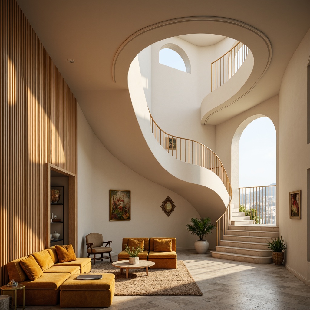 Prompt: Organic curved lines, fluid shapes, luxurious velvet fabrics, soft golden lighting, ornate metal accents, rich wood tones, elegant spiral staircases, sweeping archways, rounded furniture silhouettes, plush area rugs, natural stone floors, creamy white walls, minimalist decorative patterns, subtle texture variations, 1/2 composition, warm atmospheric glow, realistic reflections, ambient occlusion.