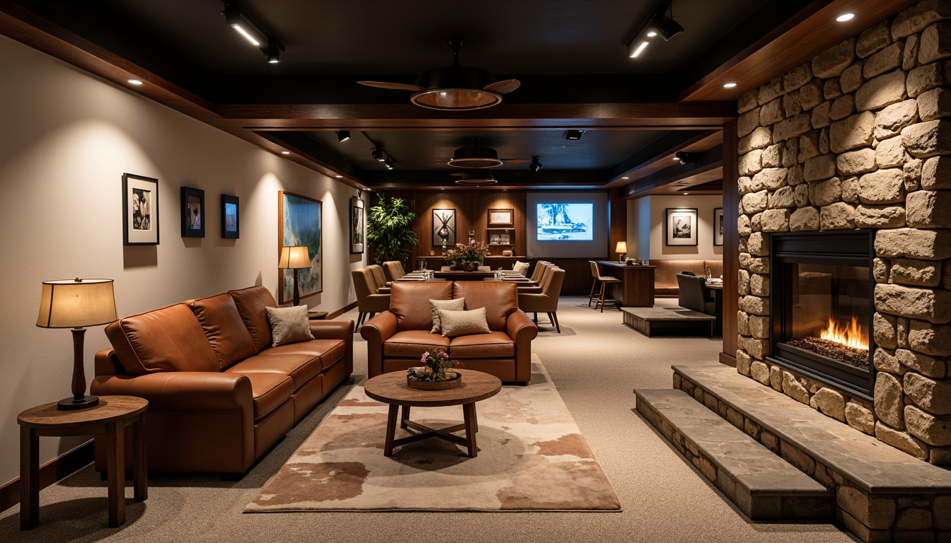 Prompt: Cozy basement, warm earthy tones, rich wood accents, soft cream walls, deep blue undertones, industrial metal beams, modern LED lighting, plush carpeting, comfortable seating areas, natural stone fireplaces, rustic wooden furniture, intimate atmosphere, dramatic shadows, low-key illumination, 2/3 composition, warm color harmony, inviting textures.