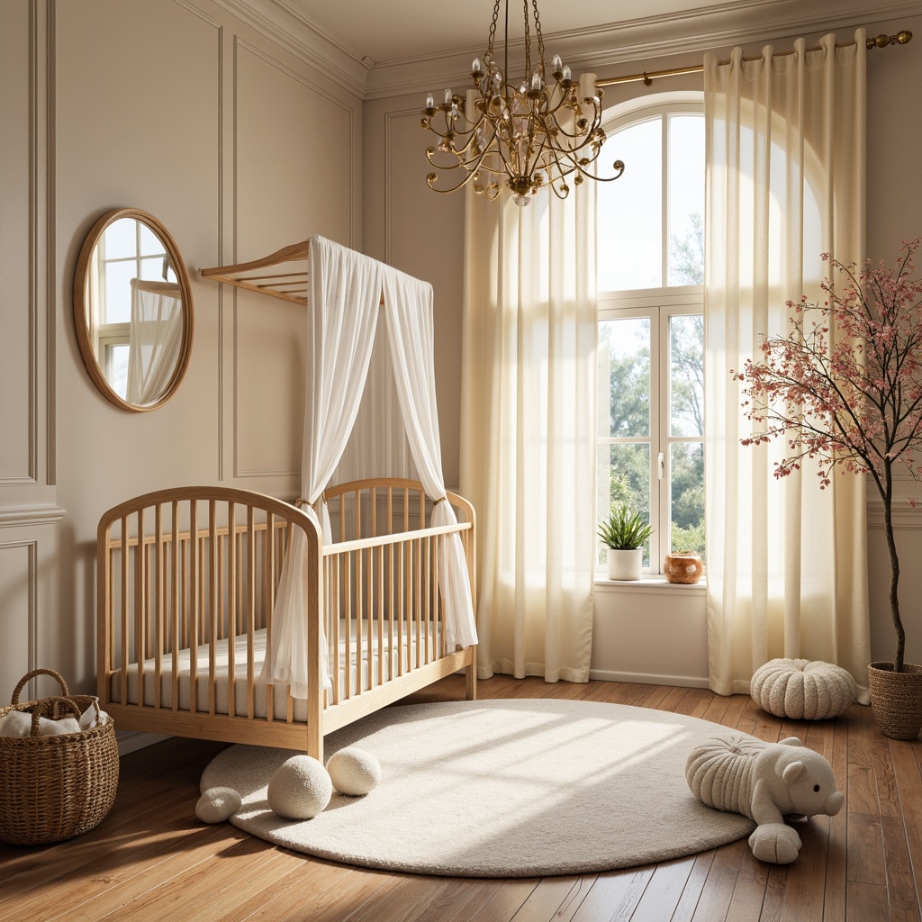 Prompt: Whimsical baby nursery, soft pastel colors, curved lines, organic shapes, intricate wood carvings, ornate metalwork, luxurious fabrics, plush area rugs, delicate florals, sinuous vines, natural materials, creamy whites, warm golden lighting, subtle shading, 1/2 composition, shallow depth of field, dreamy atmosphere, gentle textures.