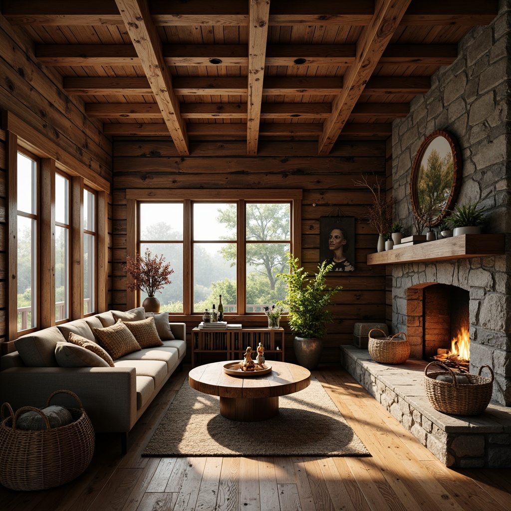 Prompt: Rustic cabin, wooden accents, natural stone walls, earthy color palette, distressed wood textures, vintage metal decor, warm cozy lighting, crackling fireplace, plush furnishings, woven baskets, potted plants, forest surroundings, misty morning, soft golden light, shallow depth of field, 1/1 composition, realistic rendering, ambient occlusion.