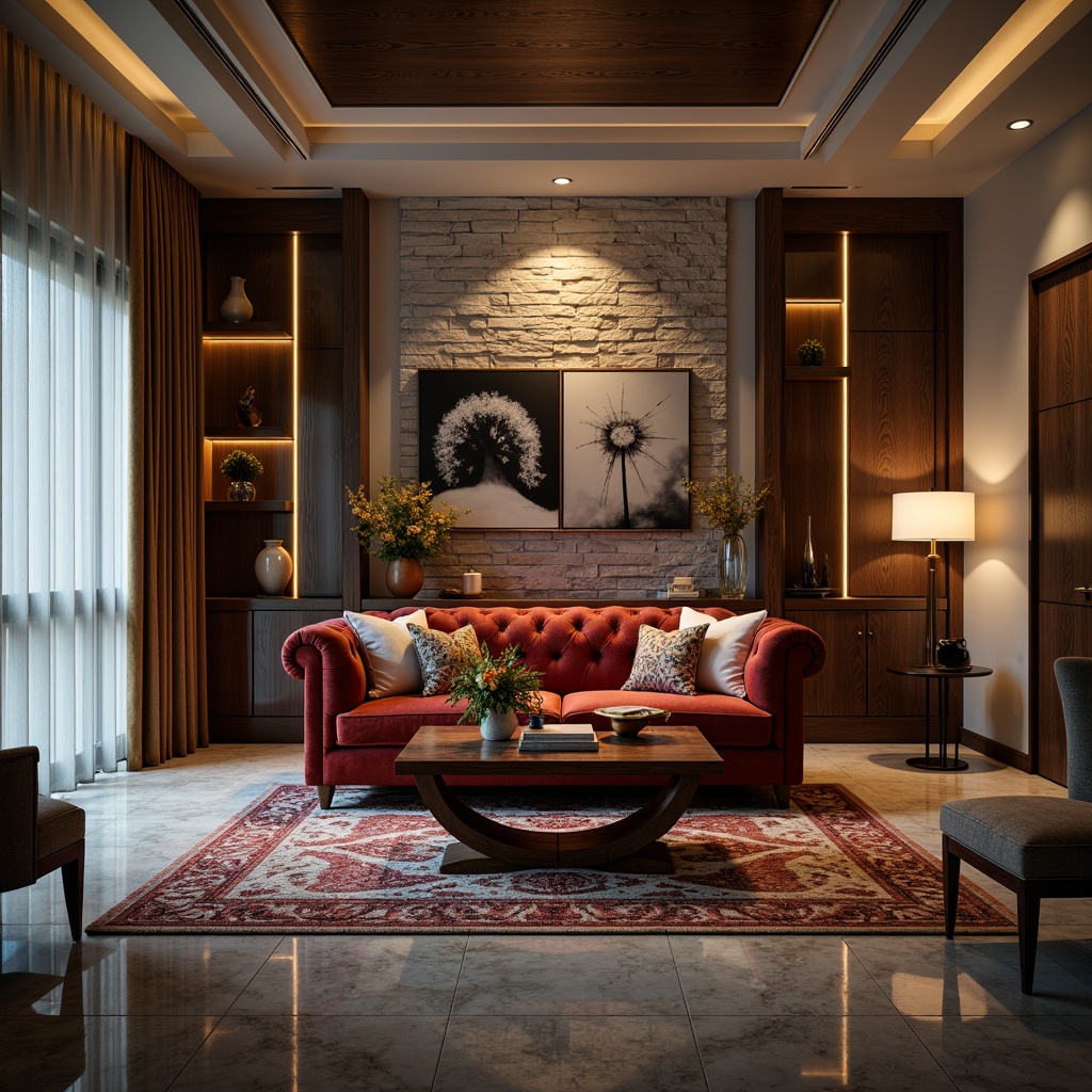 Prompt: Luxurious living room, rich velvet sofa, ornate wooden coffee table, plush area rug, textured stone walls, metallic accent lighting, sophisticated color palette, elegant window treatments, sheer silk drapes, polished marble floors, warm ambient glow, softbox lighting, 1/1 composition, intimate atmosphere, realistic reflections, detailed normal maps.