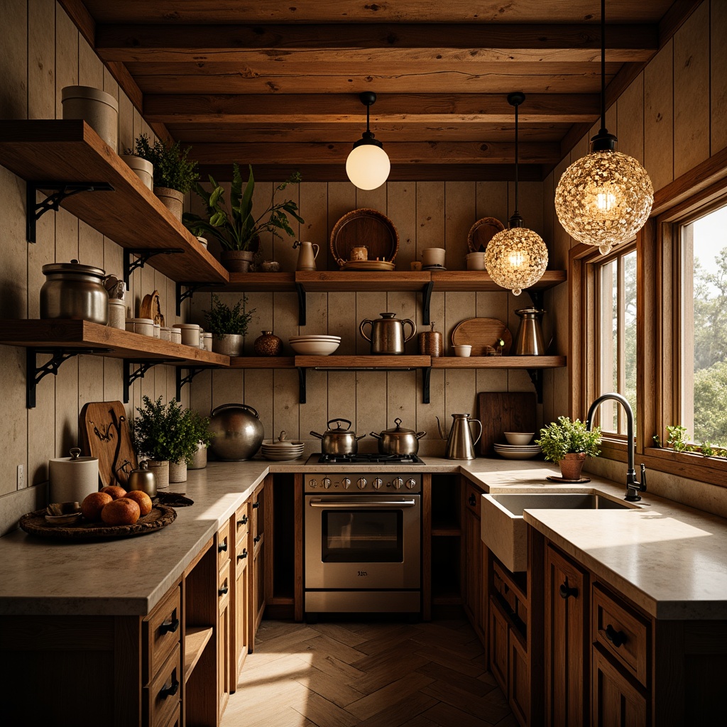 Prompt: Warm pantry, rustic wooden shelves, ornate metal brackets, vintage kitchenware, soft warm lighting, candlelit ambiance, golden chandeliers, crystal pendant lights, distressed finishes, worn stone countertops, earthy color palette, natural textures, ambient shadows, subtle highlights, 3/4 composition, shallow depth of field, realistic reflections.