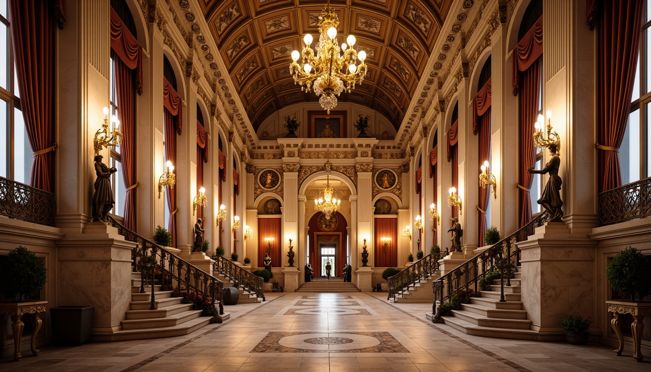 Prompt: Grandiose government building, ornate Corinthian columns, intricately carved marble facades, regal bronze statues, sweeping staircases, opulent chandeliers, lavish velvet drapes, stately wooden paneling, classical archways, symmetrical composition, warm golden lighting, shallow depth of field, 2/3 perspective, realistic textures, ambient occlusion.