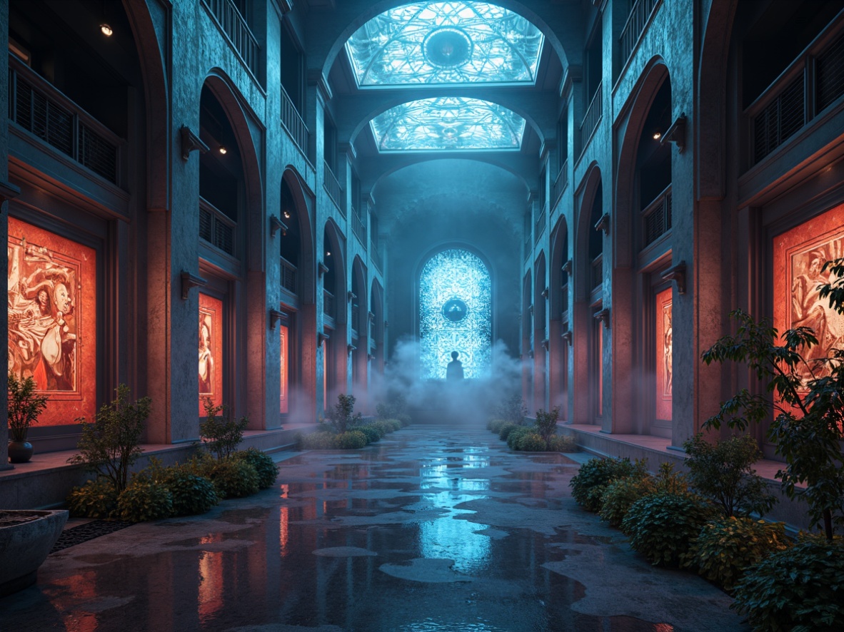 Prompt: Mystical monastery, futuristic architecture, cyberpunk nuances, neon-lit corridors, holographic murals, metallic accents, sacred geometries, luminescent stained glass, atmospheric fog, eerie silence, avant-garde sculptures, abstract frescoes, iridescent mosaics, ethereal ambient lighting, cinematic shading, 3D-printed ornaments, laser-engraved patterns, augmented reality interfaces, virtual reality sanctuaries, futuristic hieroglyphs, celestial cartography, mystical astral projections.