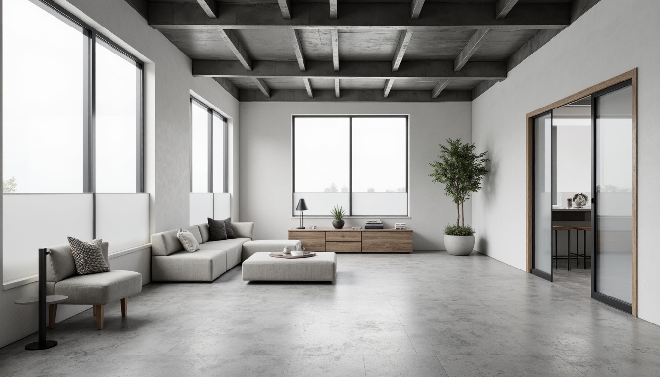 Prompt: Monochromatic minimalist space, smooth concrete floors, matte white walls, polished chrome accents, sleek wooden furniture, subtle texture variations, natural stone countertops, frosted glass partitions, industrial metal beams, soft ambient lighting, 1/1 composition, shallow depth of field, realistic reflections, delicate material transitions.