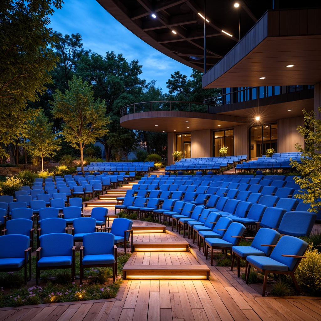 Prompt: Amphitheater seating area, curved rows of chairs, vibrant blue upholstery, polished metal frames, wooden floorboards, sleek modern railings, cantilevered roofs, natural stone walls, lush greenery, dramatic spotlights, soft warm ambiance, shallow depth of field, 3/4 composition, panoramic view, realistic textures, ambient occlusion.