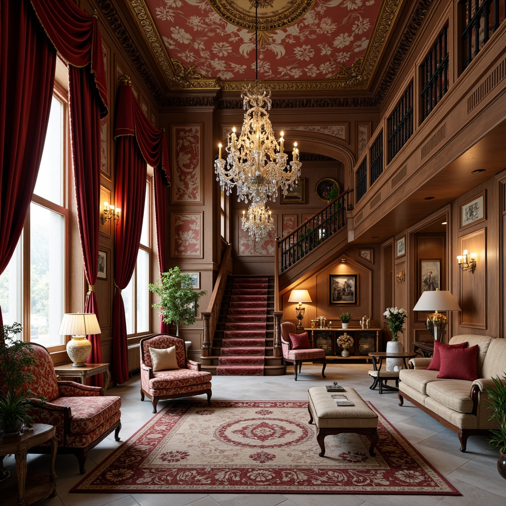 Prompt: Elegant Victorian-era mansion, intricately patterned velvety drapes, richly embroidered upholstery, lavish silk fabrics, ornate wooden furniture, gilded accents, crystal chandeliers, marble flooring, grand staircase, opulent bedrooms, luxurious bathrooms, soft warm lighting, shallow depth of field, 3/4 composition, panoramic view, realistic textures, ambient occlusion.