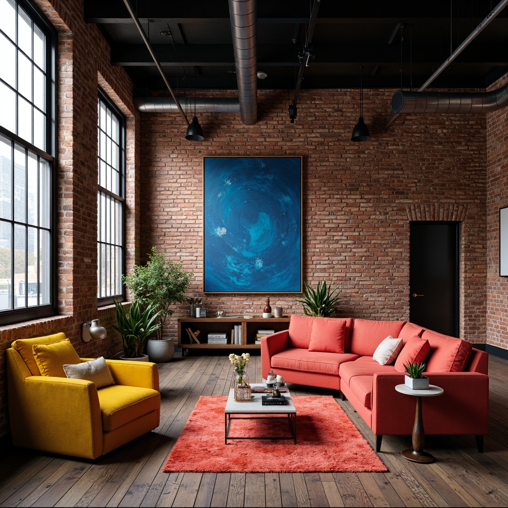 Prompt: Exposed brick walls, metal beams, reclaimed wood floors, industrial chic decor, pops of vibrant color accents, bold yellow furniture, deep blue artwork, bright coral textiles, sleek metal lighting fixtures, urban loft atmosphere, natural stone walls, distressed wood crates, edgy modern architecture, minimalist decor, monochromatic color scheme, dramatic shadows, high contrast lighting, 3/4 composition, moody ambiance.