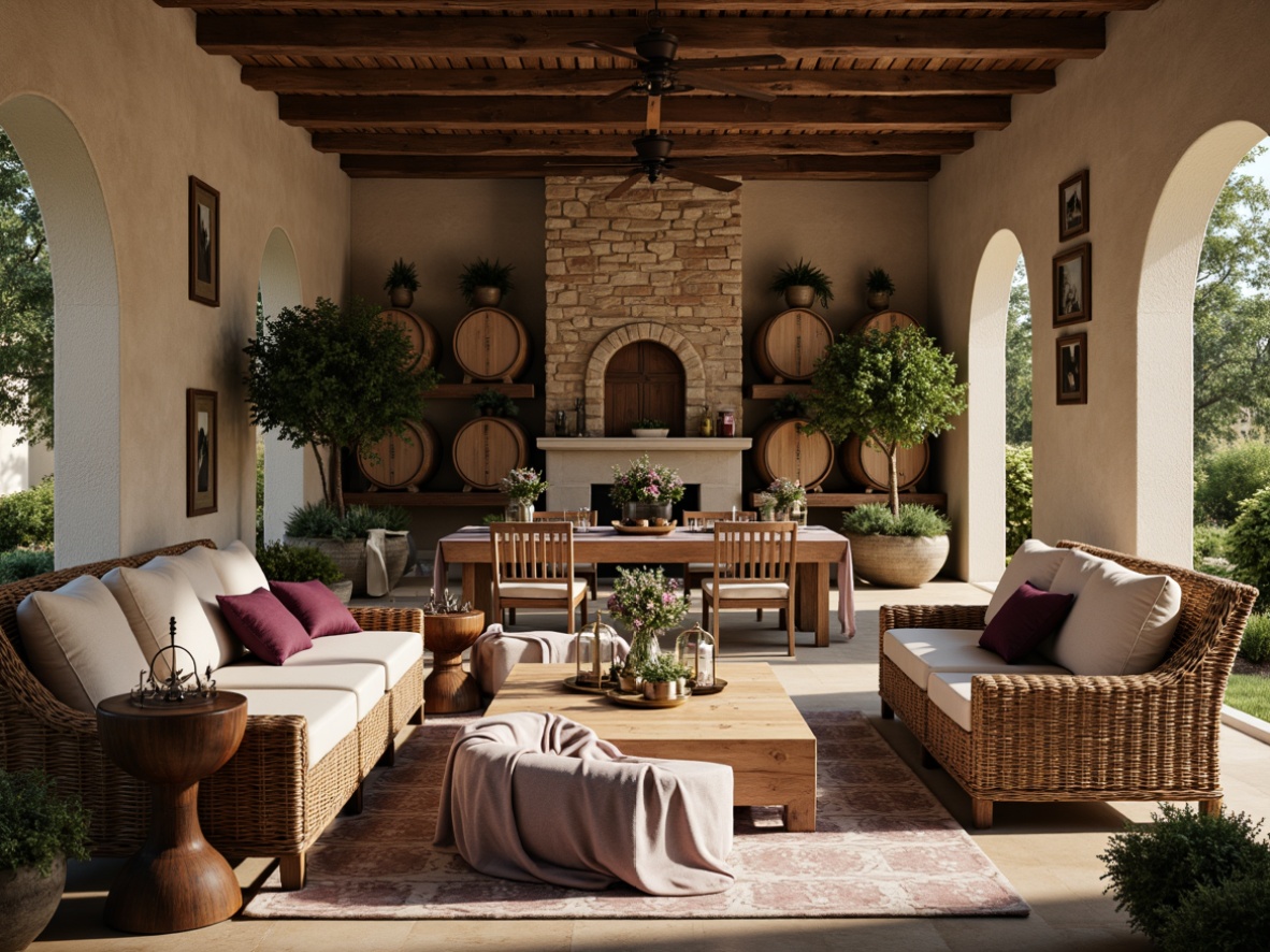 Prompt: Rustic winery, distressed wood accents, vintage wine barrels, soft lavender hues, muted earthy tones, warm beige stonework, creamy whites, rich burgundy reds, lush greenery, wildflower arrangements, natural linen textiles, woven wicker furniture, ornate metal lanterns, dim warm lighting, soft focus, shallow depth of field, 1/1 composition, romantic atmosphere, whimsical patterns, distressed finishes.Let me know if this meets your expectations!