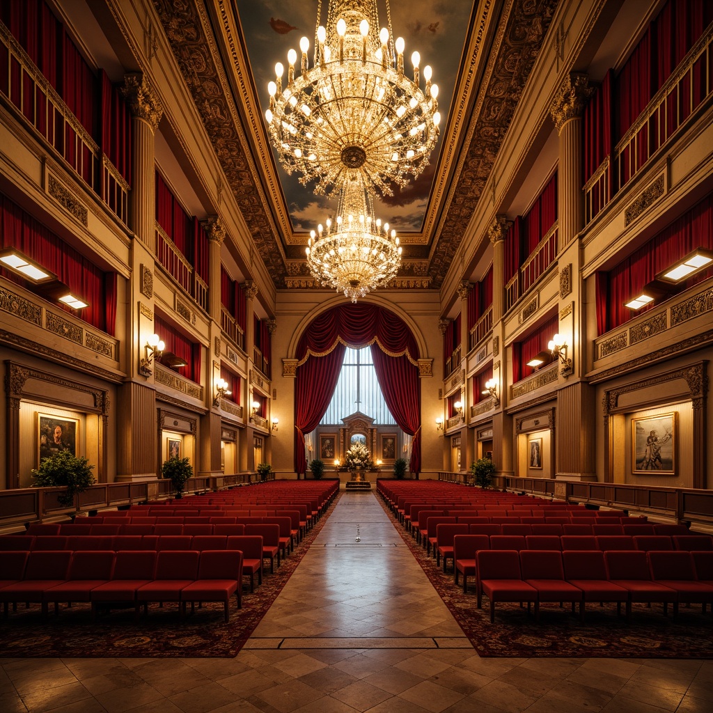 Prompt: Grand concert hall, ornate chandeliers, crystal sconces, rich velvet drapes, gilded moldings, marble floors, intricately patterned carpets, plush crimson seating, decorative columns, arched windows, stately balconies, opulent fresco ceiling, soft warm lighting, shallow depth of field, 3/4 composition, symmetrical framing, realistic textures, ambient occlusion.