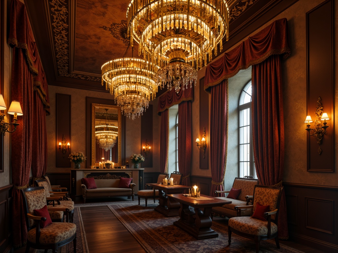 Prompt: Ornate chandeliers, crystal droplets, golden accents, luxurious fabrics, rich wood tones, intricately carved furniture, lavish drapery, opulent wallpaper patterns, warm candlelight, soft warm glow, ambient illumination, layered lighting effects, dramatic shadows, 3/4 composition, realistic textures, atmospheric rendering.