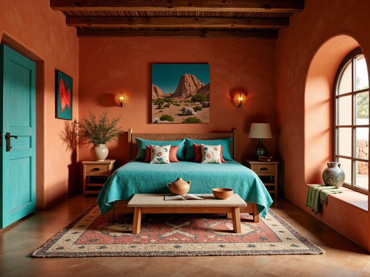 Prompt: Vibrant southwestern bedroom, earthy tones, terracotta walls, turquoise accents, woven textiles, rustic wooden furniture, plush area rugs, colorful pottery vases, desert-inspired artwork, geometric patterns, natural fiber blankets, soft warm lighting, ambient shadows, cozy reading nooks, 3/4 composition, intimate atmosphere, realistic textures, subtle color grading.