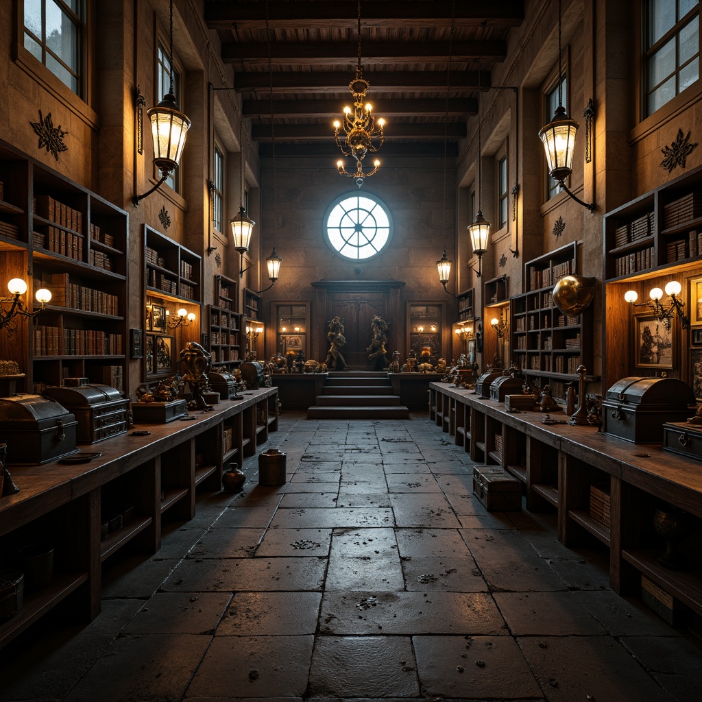 Prompt: Dark wooden workbenches, rusty metal toolboxes, vintage machinery, distressed stone walls, vaulted ceilings, grandiose chandeliers, mysterious lanterns, ornate wooden cabinets, ancient artifacts, mystical symbols, eerie ambient lighting, shallow depth of field, 1/2 composition, cinematic view, realistic textures, ambient occlusion.