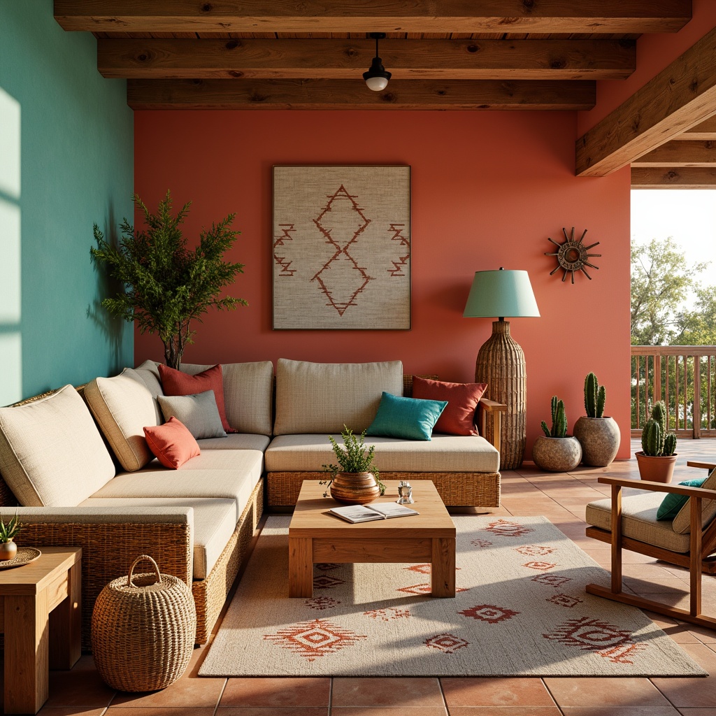 Prompt: Vibrant turquoise accents, earthy terracotta walls, sandy beige furniture, woven tapestry patterns, rustic wooden decor, desert-inspired cacti, warm golden lighting, soft suede textures, geometric Navajo prints, cozy plush area rugs, natural linen drapes, bright coral hues, sunny afternoon ambiance, shallow depth of field, 3/4 composition, panoramic view, realistic earthy tones.