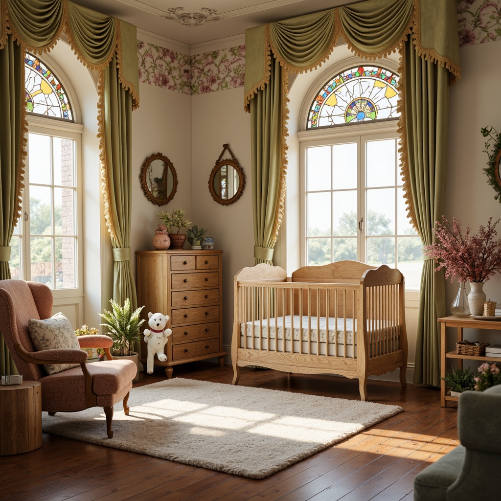 Prompt: Whimsical nursery, soft pastel colors, ornate wooden crib, intricately carved furniture, flowing organic lines, sinuous curves, floral patterns, stained glass windows, iridescent fabrics, delicate lace trimmings, vintage-inspired toys, plush area rug, warm golden lighting, shallow depth of field, 1/2 composition, romantic ambiance, elegant velvet drapes, antique bronze hardware, nature-inspired motifs, majestic peacock feathers.