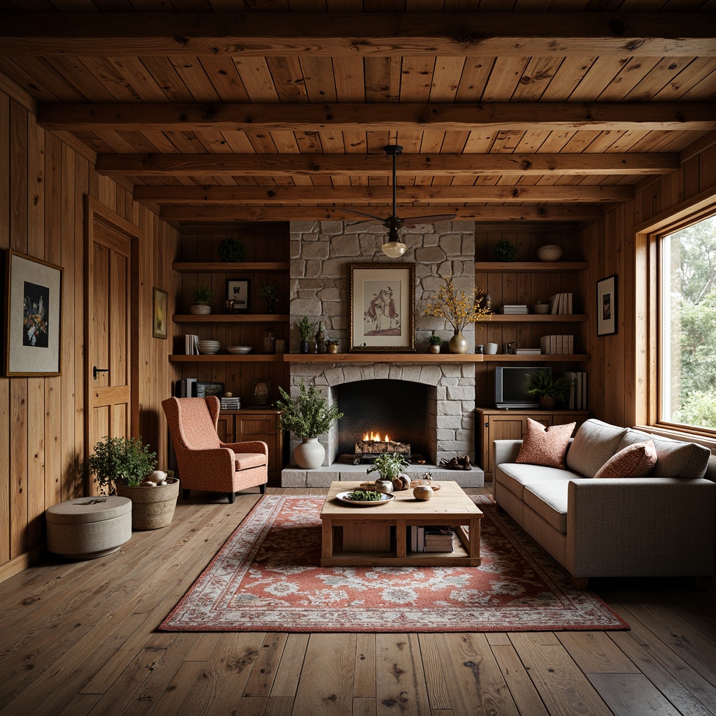 Prompt: Rustic cabin, wooden accents, natural textures, earthy tones, reclaimed wood floors, distressed finishes, stone walls, cozy fireplace, vintage furniture, warm ambient lighting, shallow depth of field, 1/1 composition, realistic wood grain, subtle shadows, soft warm colors, autumnal atmosphere.