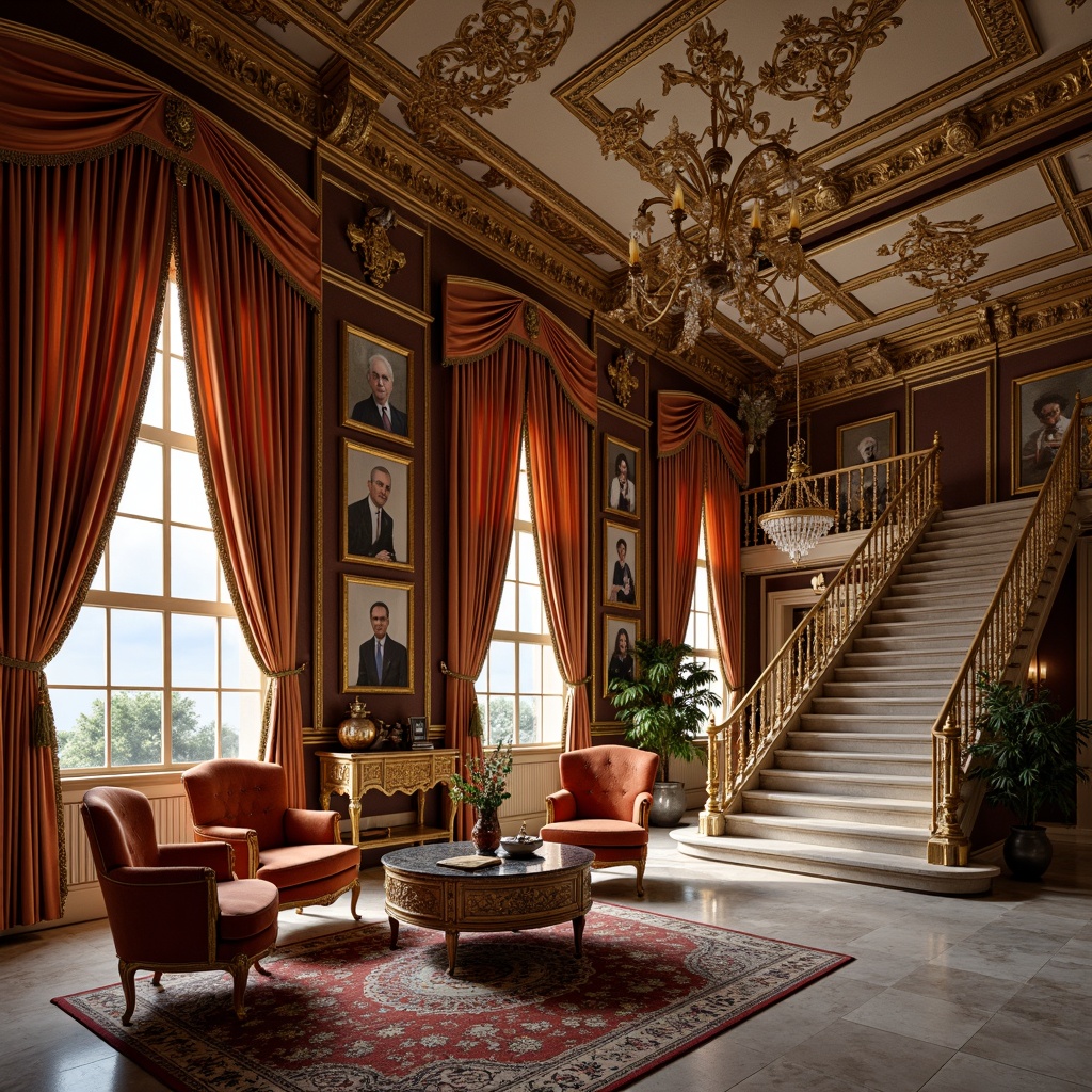 Prompt: Ornate Rococo-style furniture, lavish velvet drapes, gilded mirrors, intricately carved wooden panels, ornamental plaster ceilings, crystal chandeliers, opulent marble floors, luxurious silk upholstery, vibrant Baroque-inspired color palette, soft warm candlelight, shallow depth of field, 1/1 composition, detailed textures, ambient occlusion, grandiose staircases, sweeping curved lines, lavish decorative elements, antique accessories, richly patterned rugs.