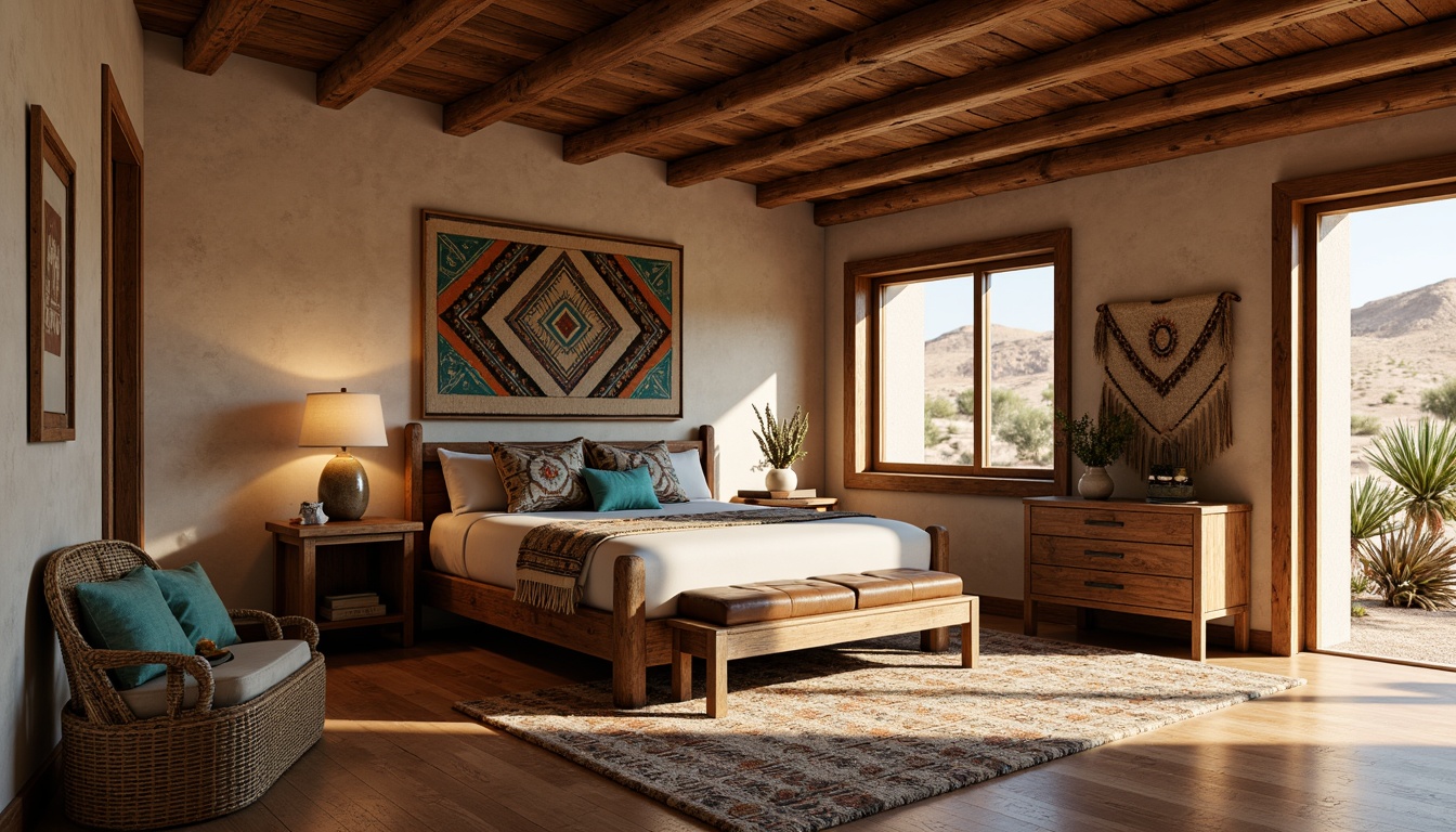 Prompt: Rustic bedroom, earthy tones, wooden furniture, carved accents, woven textiles, natural fabrics, warm lighting, cozy atmosphere, desert landscape, cactus plants, sandy dunes, turquoise accents, geometric patterns, Native American-inspired designs, leather upholstery, distressed wood finishes, plush area rugs, Southwestern-style tapestries, vibrant colors, bold prints, eclectic decor, mixed materials, layered textures, soft warm lighting, 1/1 composition, intimate setting.