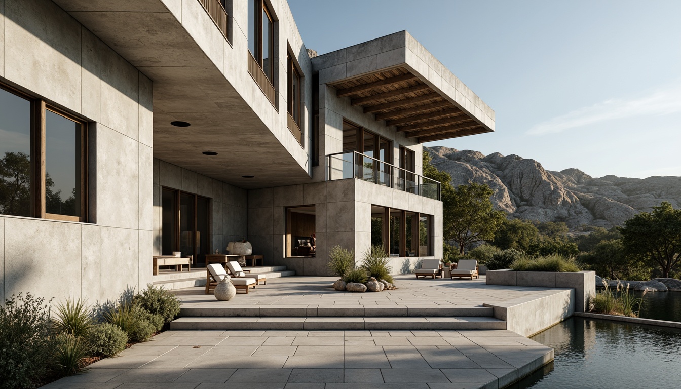 Prompt: Rugged villa landscape, brutalist architecture, raw concrete walls, exposed ductwork, industrial metal beams, reclaimed wood accents, minimalist decor, vast open spaces, floor-to-ceiling windows, natural stone flooring, dramatic staircase, cantilevered rooflines, overhanging eaves, harsh angular lines, bold geometric forms, monochromatic color scheme, high contrast lighting, deep shadows, cinematic atmosphere, 1-point perspective composition, low-angle shot, realistic textures, ambient occlusion.